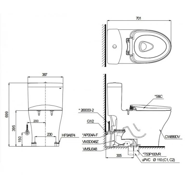 Bản vẽ Bồn cầu đặt sàn 1 khối TOTO MS889DRT8 nắp TC600VS